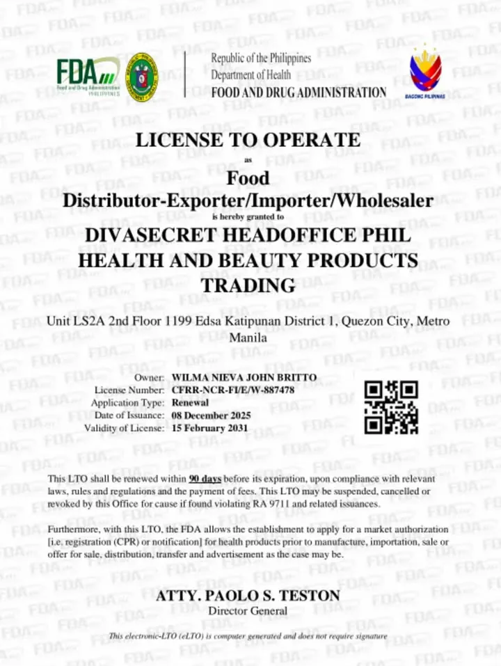 Philippine FDA License to Operate